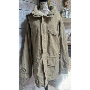 VTG Eddie Bauer Safari Jacket Coat Mens L Draw String Mock Collar Tan Mid-length